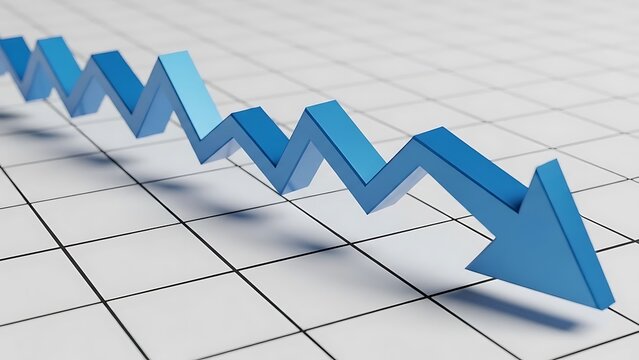 Blue zigzag arrow showing downward trend on white grid