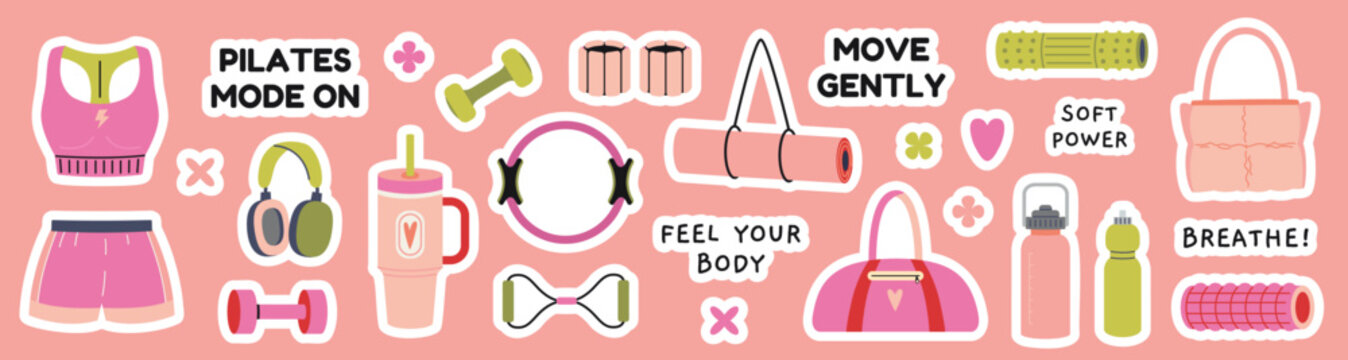 Pilates and gentle fitness sticker set. Slow movement, balance and body care concept. Workout clothes, mat, bottle, bag and motivational phrases. Trendy modern vector illustration, hand drawn, flat