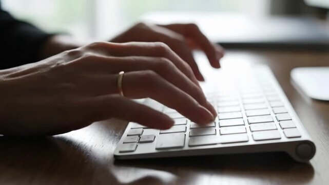 Hands type on a keyboard while working in a home office during daylight hours