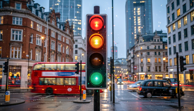 Professional Canon EOS R6 photograph capturing a glowing British traffic signal from above, with soft light trails and rich colors expressing the pulse of everyday England.