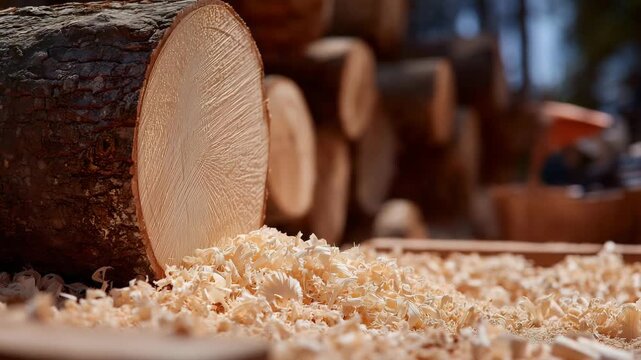 565Macro view of freshly cut wooden log, shavings scattered, rough and smooth textures contrasted, sawmill table and tools softly blurred, cinematic close-up emphasizing woodworking d