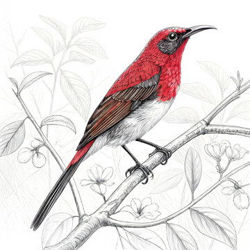 Vibrant red sunbird illustration perched on a branch with delicate floral background, detailed ink sketch style