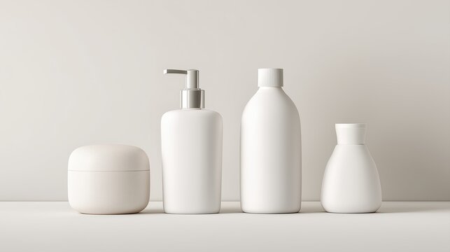 Matte white cosmetic skincare bottles and jars arranged on neutral background