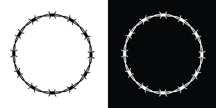 Barbed wire round frame border silhouette, security protection wire vector illustration