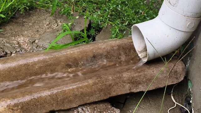The pipe from which water flows into the gutter
