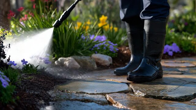 580Black rubber boots on wet stones, pressure washer water hitting the pathway, moss and dirt lifting, lush plants and flowers glistening from spray, morning sunlight illuminating gar