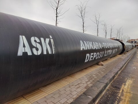 Ankara, T&uuml;rkiye, January 27, 2026 Large Industrial Pipeline Owned by ASKI Symbolizing Ankara's Infrastructure Resilience and the Flow of Life Through Massive Steel Arteries in an Urban Landscape Under