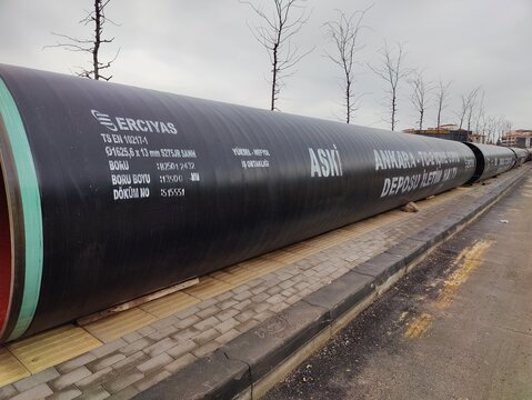 Ankara, T&uuml;rkiye, January 27, 2026 Large Industrial Pipeline Owned by ASKI Symbolizing Ankara's Infrastructure Resilience and the Flow of Life Through Massive Steel Arteries in an Urban Landscape Under