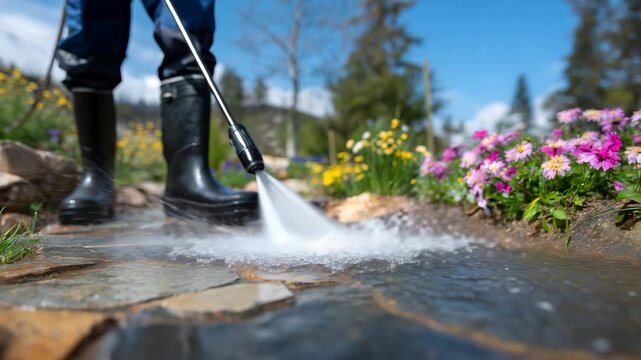 585Close-up of stone path being cleaned with pressure washer, black rubber boots visible, water spray and flying droplets in focus, flowers and garden plants blurred in background, hi