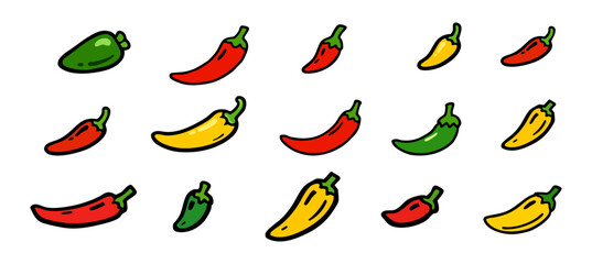 Collection of hand-drawn red, green, and yellow chili pepper icons. Spicy food doodle illustrations isolated on white background.