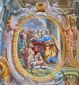 Varallo - The fresco Saints Peter and John Healing the Lame Man in the church Basilica del Sacro Monte by Francesco Leva (1714).
