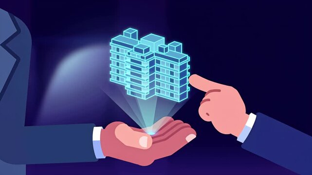 Real estate agent discussing residential apartment hologram model Housing Project Mortgage Loan Sale Building Investment 2D Style