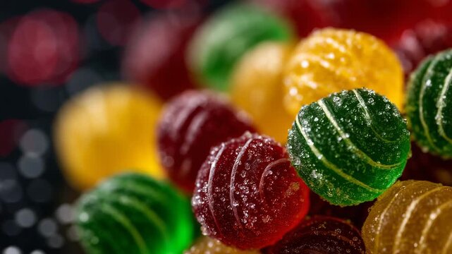 595Close-up of a heap of colorful round gummy candies, sugar crystals sparkling, glossy smooth surfaces, red, green, and yellow candies creating vibrant contrast, high-detail sweet tr