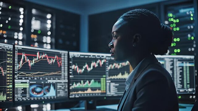 Analyzing Market Trends with Data Screens in a Dimly Lit Control Room