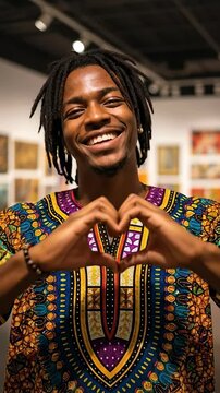 Smiling young African American man with dreadlocks wearing a colorful traditional dashiki shirt making a heart shape with his hands in an art gallery