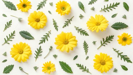 Fototapeta premium Whimsical playful – scattered yellow daisies and soft green leaves, fun asymmetrical flat lay, cheerful spring mood, lighthearted floral background