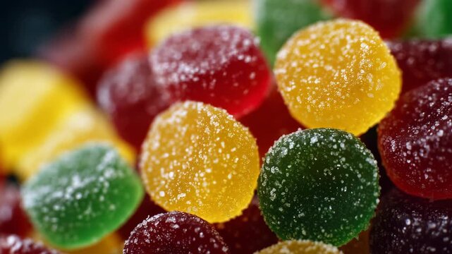599Extreme close-up of bright gummy candies, yellow, red, and green sugar-coated pieces, sparkling sugar texture, glossy round shapes stacked together, vibrant and delicious candy com