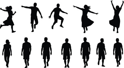 Obraz premium Dynamic human silhouettes collection showing walking, jumping, dancing, and active poses, black and white people figures ideal for motion concepts, fitness, lifestyle, and design projects