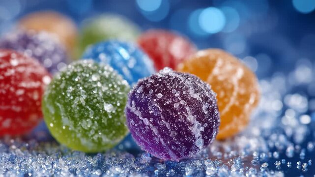 603Close-up of colorful round gummies with sugar coating, vibrant colors, sparkling sugar crystals visible, glossy and smooth candy surfaces, playful and appetizing confectionery scen