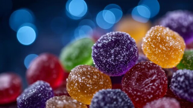604Detailed macro of sugar-coated gummies, bright and glossy candies in various colors, sugar granules catching light, round shapes and textures emphasized, appealing confectionery cl