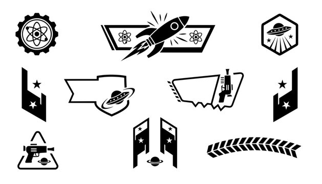 Retro sci-fi vector emblem set featuring rocket launch, alien ufo saucer, atom gear symbol, and laser weapon for vintage astronomy logo design.