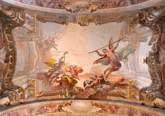 Naklejka premium BUSTO ARSIZIO, ITALY - JANUARY 19, 2026: The ceiling fresco of Glory of St. Sabinus in the church Basilica di San GIovanni Battista by Biagio Bellotti (1757 - 1765).
