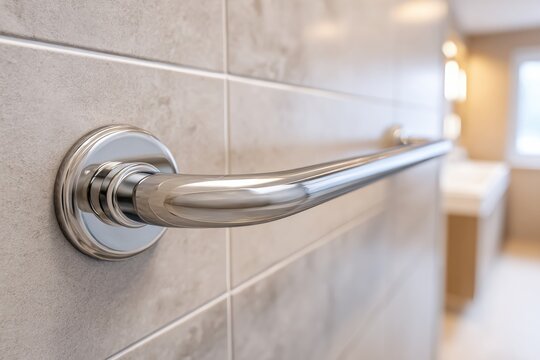 Stainless steel grab bar mounted on tiled wall in modern bathroom with soft lighting and neutral color scheme, enhancing safety and accessibility features