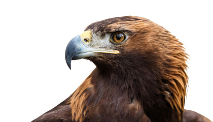 Fototapeta premium A close-up view of a regal eagle, its piercing gaze reflecting strength and freedom, showcasing its striking features with a keen focus.