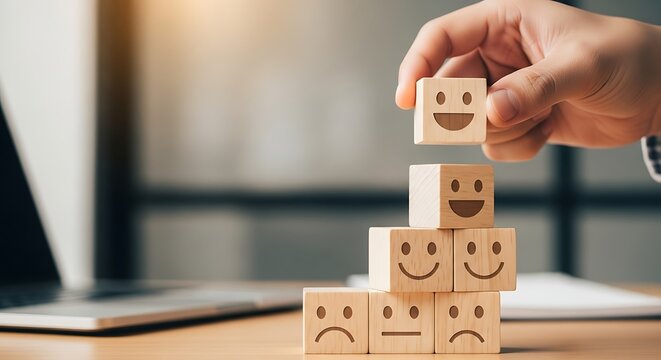 Building a positive experience: hand stacking happy face blocks on top of neutral and sad ones