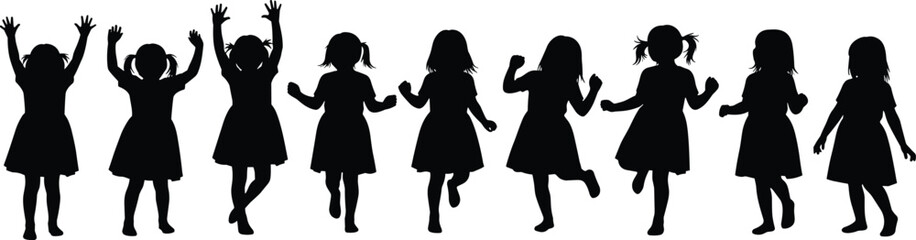 Black vector silhouette of young girls dancing, jumping, and playing together in various happy poses, isolated on white background, childhood fun.