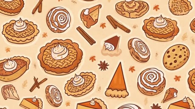 Seamless pattern with pumpkin pie, cinnamon rolls and cookies illustration background