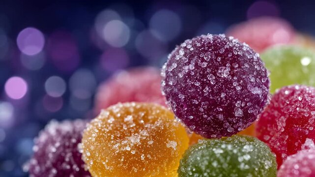 610Close-up of colorful round gummies with sugar coating, vibrant colors, sparkling sugar crystals visible, glossy and smooth candy surfaces, playful and appetizing confectionery scen