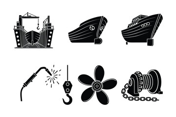 Shipbuilding Icons: Dry Dock, Ship Hull, Propeller, Welder, Winch