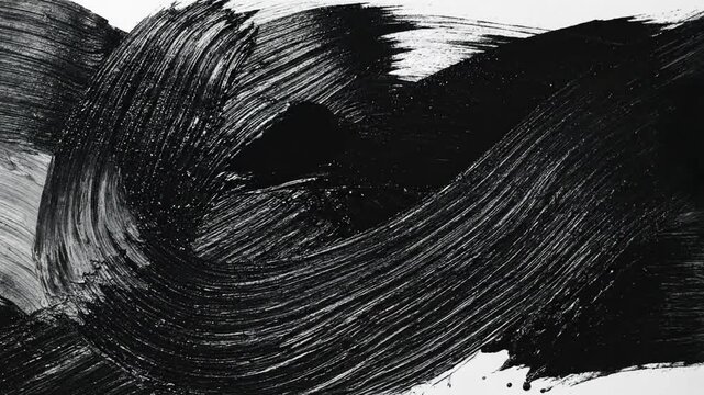 Creating a big black paint stroke on a white canvas in a studio setting