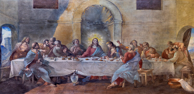BUSTO ARSIZIO, ITALY - JANUARY 19, 2026: The fresco of Last Supper in church Chiesa di San Michaele by Gerolamo Poloni di Martinengo (1948). 