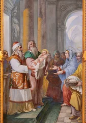 Fotobehang Jezus Christus BUSTO ARSIZIO, ITALY - JANUARY 19, 2026: The fresco of presentation of Jesus in the Temple in the church Basilica di San GIovanni Battista probably by Francesco Maria Bianchi  (1727).  © Renáta Sedmáková