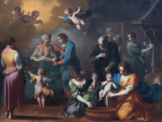 Naklejka premium BUSTO ARSIZIO, ITALY - JANUARY 19, 2026: The painting of Nativity of St. John the Baptist in the church Basilica di San GIovanni Battista by Donato Mazzolino (16. - 17. cent.)