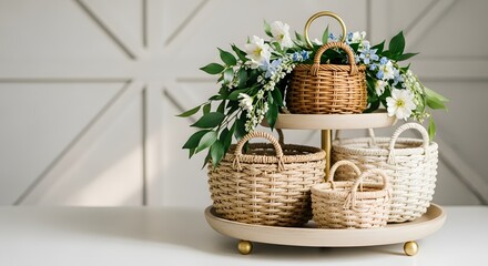 Charming wicker baskets overflowing with lush greenery and delicate white flowers on a tiered display stand