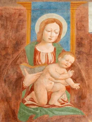 Fotobehang Jezus Christus NOVARA, ITALY - JANUARY 16, 2026: The fresco of Madonna in the church Chiesa di San Nazaro by unknown artis from 15. cent.   © Renáta Sedmáková