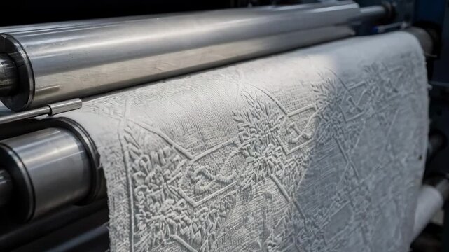 Medium shot focused on embossing rollers creating textured patterns on woven fabric showcasing detailed surface designs and enhanced tactile depth.