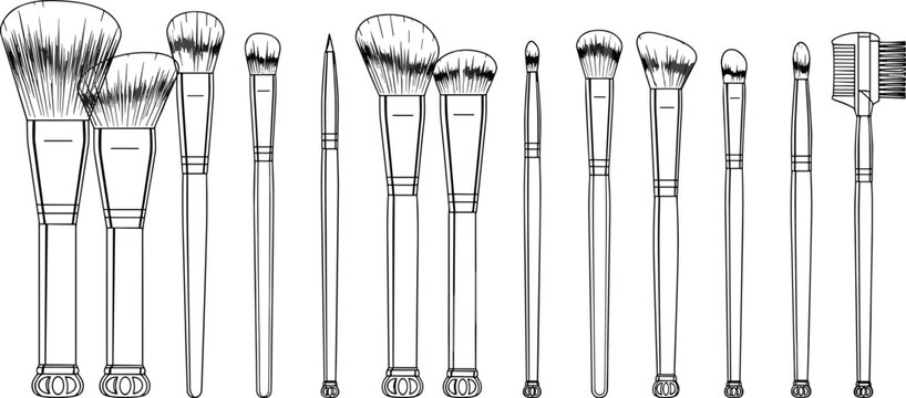 Black-and-white illustration of thirteen makeup brushes and tools arranged in a row for cosmetic application and beauty design