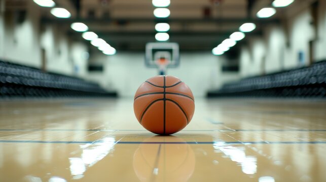 Basketball on court with blurred background and overhead lights.
