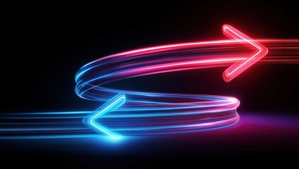 3d render, neon glowing arrows pointing to the right and left on a black background bright, colorful light arrow lines in blue, pink, red, and purple colors with copy space Generative AI © SKIMP Art
