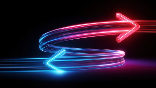 3d render, neon glowing arrows pointing to the right and left on a black background bright, colorful light arrow lines in blue, pink, red, and purple colors with copy space Generative AI