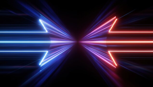 3d render, neon arrows pointing to the left and right on a black background abstract, futuristic, glowing lines in blue, red, and violet colors Generative AI