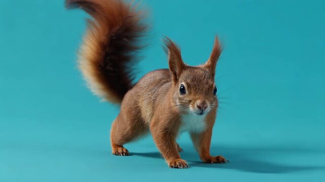 A brown squirrel standing on a blue background with white chest and fluffy tail