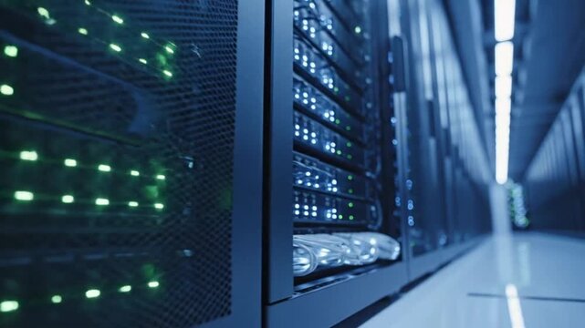 Servers connected with cables in a modern data center at night showing blue lights