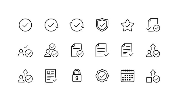 Line style black check mark approved icon set vector illustration