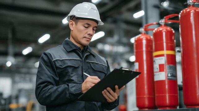 Industrial safety officer reviewing fire safety checklist next to red fire extinguishers, subtle reflections on polished metal surfaces, ambient factory lighting, emphasis on preve