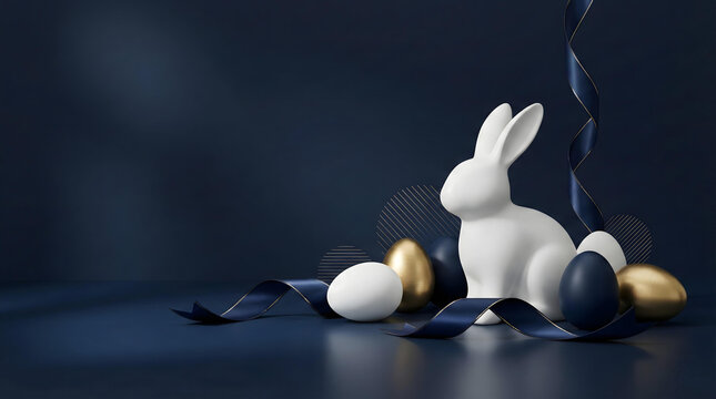 A white Easter bunny surrounded by eggs and ribbons on a dark blue background